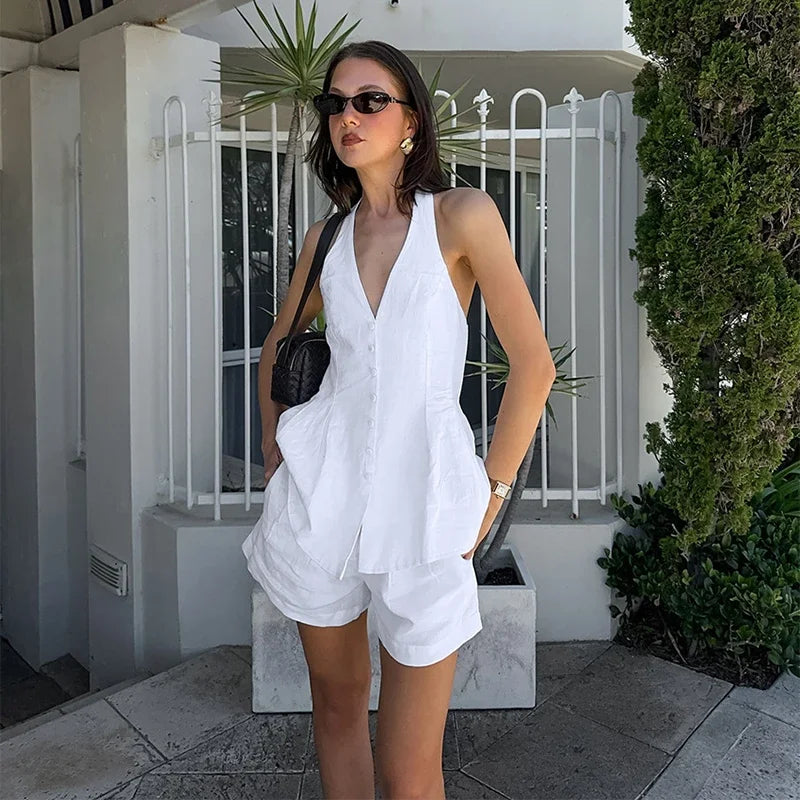 Aiertu  -  Cotton Linen Tank Top Shorts Sets Women's White Single Breasted Halter Ruffles Vest Wide Leg Shorts Suits Summer Commute Chic Aiertu