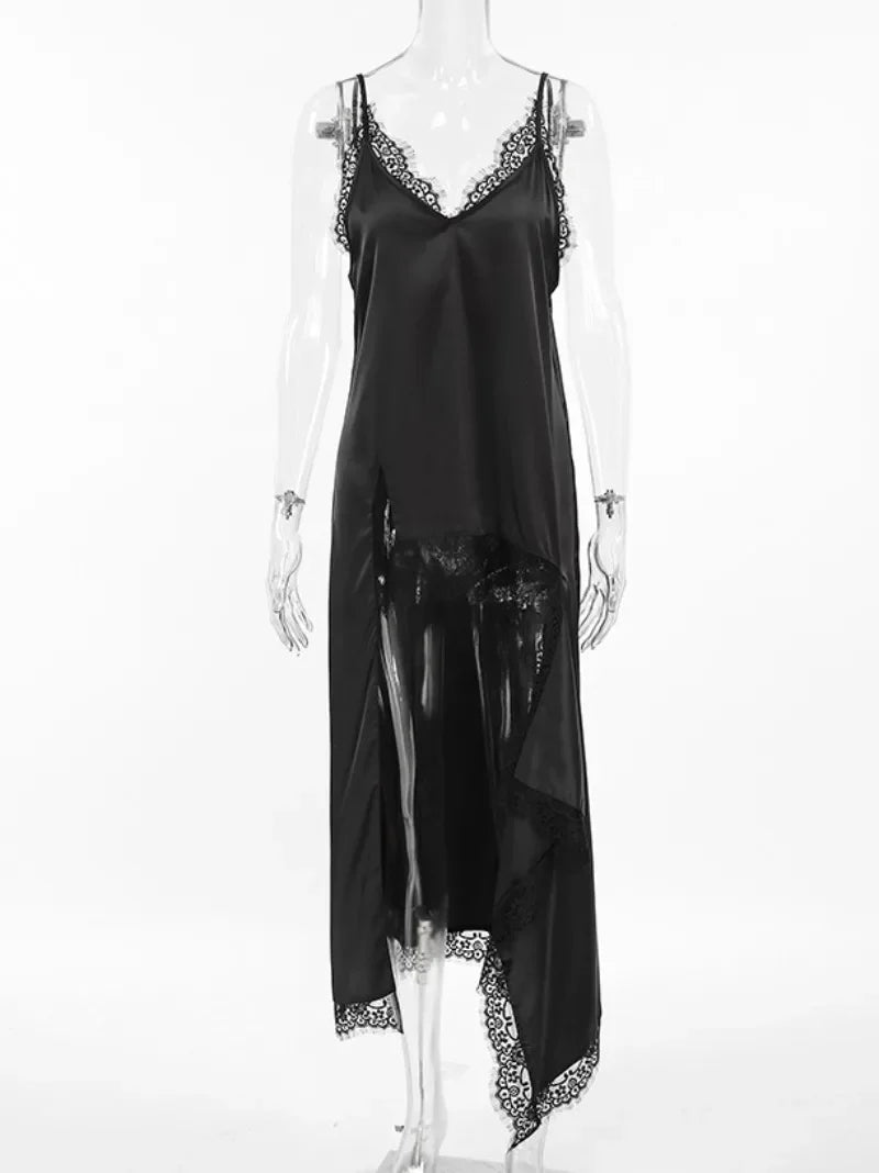 Aiertu  -  2026 Women Sexy V-neck Lace Patchwork Black Dress Y2K Streetwear Fashion Spaghetti Strap Irregular Split Black Long Slip Dresses Aiertu