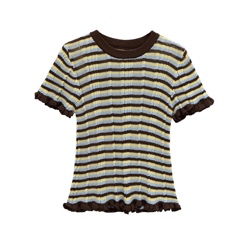 Aiertu  -  Color Striped Knitted Slim T-shirt Women O Neck Ruffle Short Sleeve Tops Tee Shirt Summer New Streetwear Fashion Casual T-shirts Aiertu