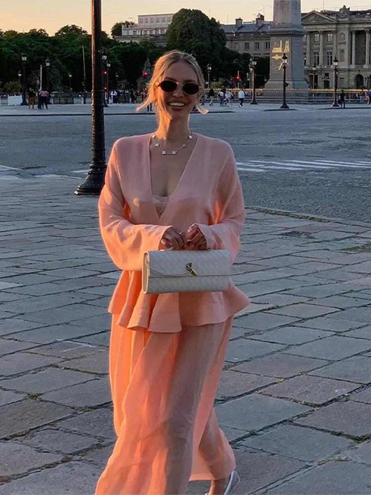 Aiertu  -  Elegant Ruffles Patchwork Pleated Long Dress Women V-neck A-line Long Sleeve Puffy Dresses 2025 Summer Street Vacation Lady Robe Aiertu