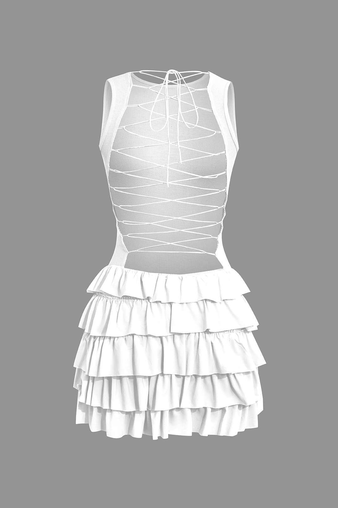 Aiertu  -  Lace Up Back Sleeveless Ruffle Hem Mini Dress Aiertu