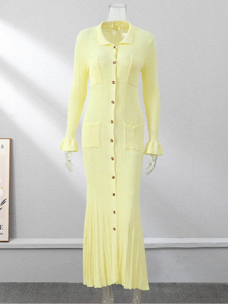 Aiertu  -  Yellow Lapel Single Breasted Petal Sleeve Dress Female Pockets Slim Fit Long Knitted Dresses Autumn New Women High Street Robes Aiertu