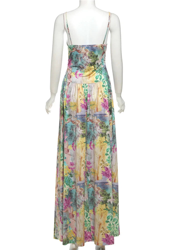 Aiertu  -  Aesthetic Printed Splice Dresses Women Hipster Attractive Hollow Low Neck Draped Suspendency Maxi Vestidos Vacation Robe Aiertu