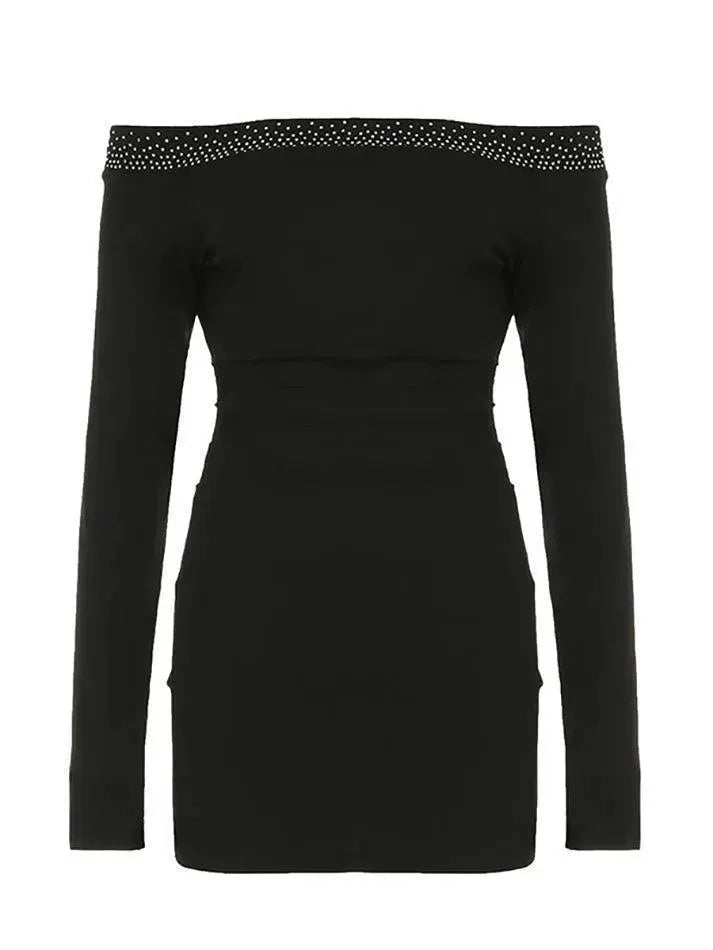 Aiertu  -Rhinestone Off-Shoulder Ruched Long Sleeve Mini Dress aiertu