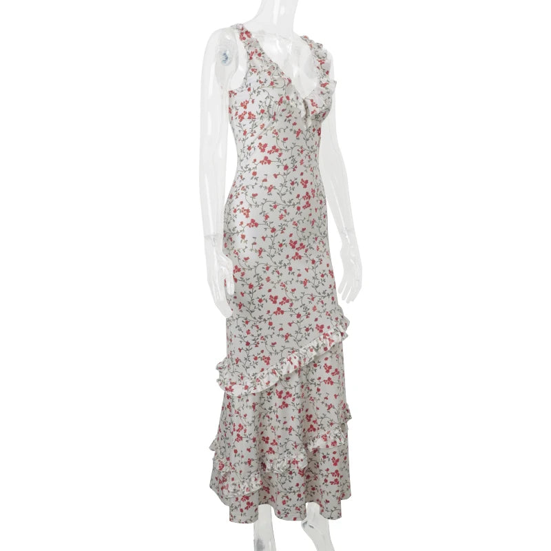 Aiertu  Floral Print Sexy V Neck Ruffles Elegant Bodycon Maxi Dresses Spring Fashion Holiday Streetwear Party Women Vestidos Aiertu