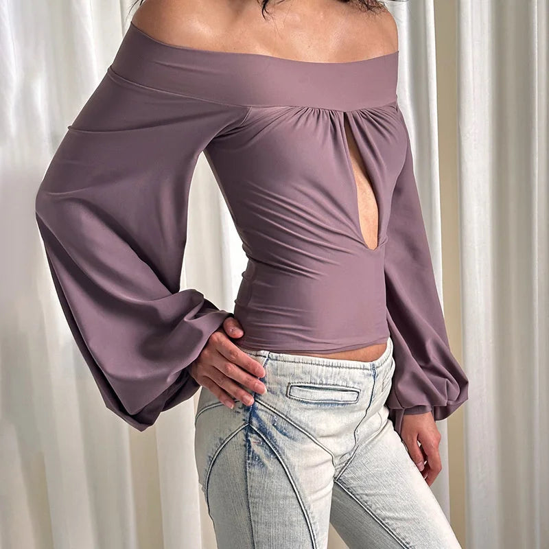 Aiertu  -  Off-Shoulder Slim Sexy T-shirt Tops Hollow Out Long Sleeve Patchwork Solid Fashion Elegant New Fema T-shirt Tops 2025 Aiertu