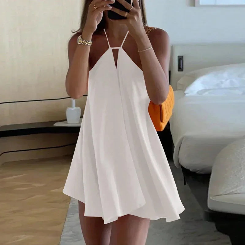 Aiertu  -  Sexy Halter Party Solid Dresses Women Sleeveless Backless Hollow Out Beach Dress Lady Dresses 2025 Summer Lady Beach Robes Aiertu