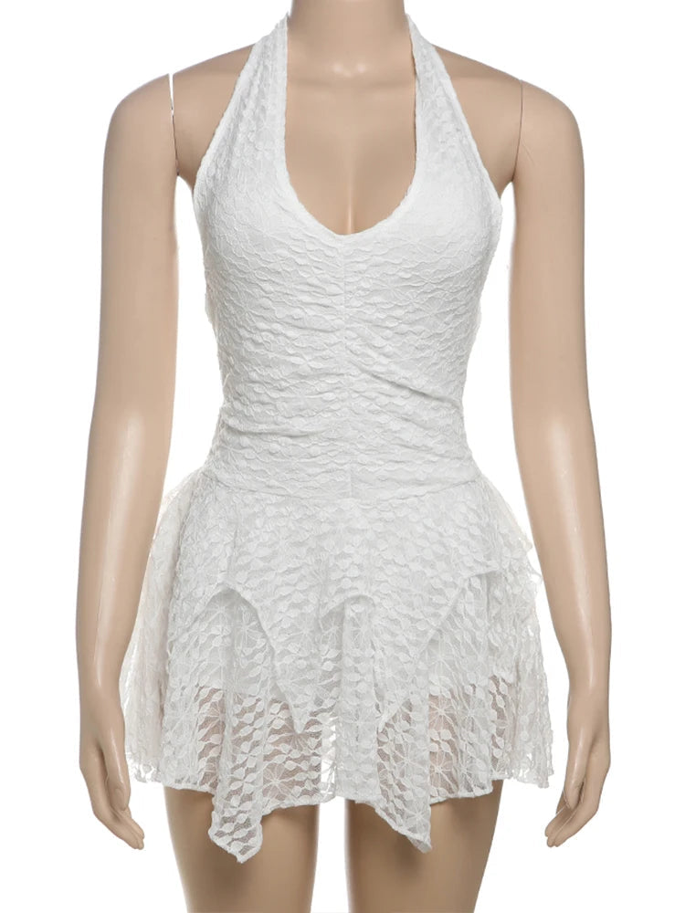Aiertu  -  Halter Sexy Backless Mini Dress Women Low-Neck Irregular hem Mesh Patchwork Ruffles Midnight Club Party Trend Outfits Aiertu
