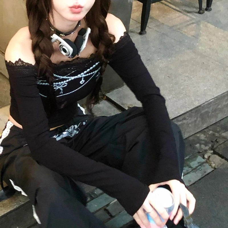 Aiertu  -  Spring Lace Patchwork Bottoming Tee Shirts Autumn Women Y2k Aesthetic Bow Chain Printing T-shirt Grunge Sexy Cropped Fairy Tops Aiertu