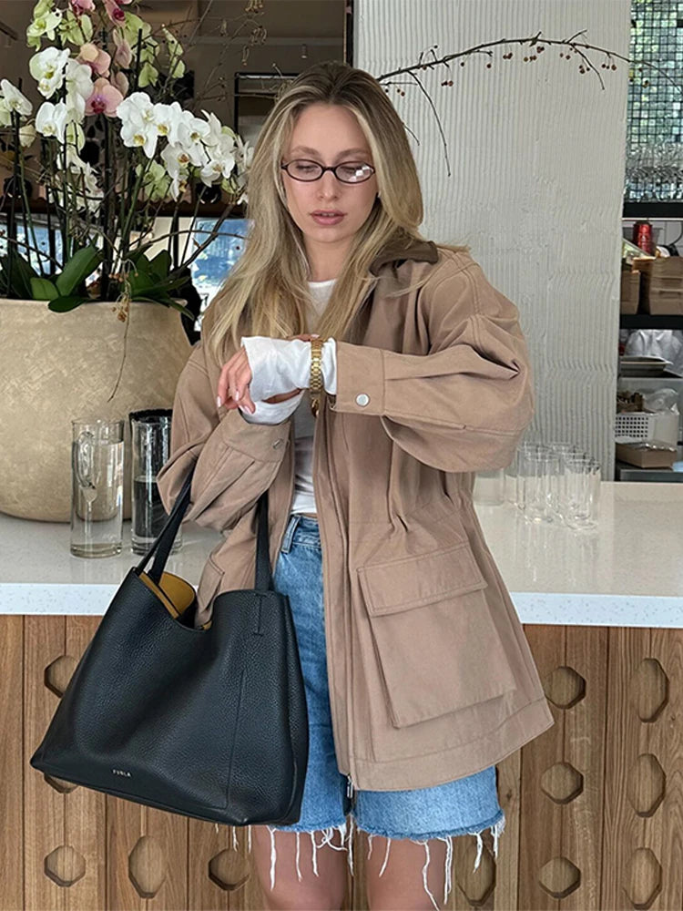 PICSGIRL  -  Fashion Lapel Zipper Women Jacket Full Sleeve Loose Female Coat Fashion Autumn Winter Vintage Solid Patchwork Lady Outwear Aiertu