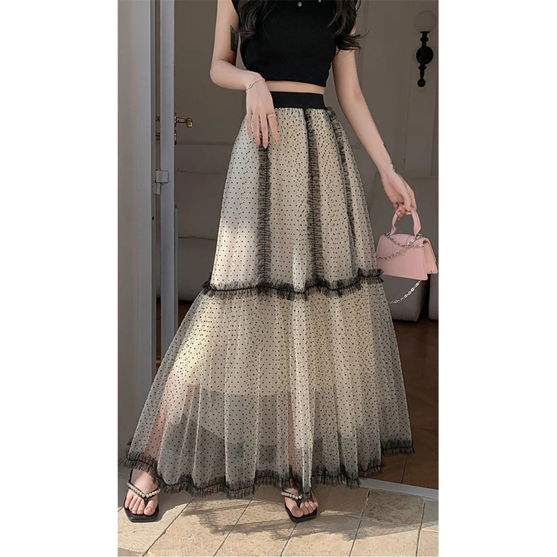 Aiertu  -  Elegant Tulle Midi Skirt Women Vintage Polka Dots Mesh Skirts Summer Ladies Korean Lace Print Patchwork A Line Faldas New Aiertu