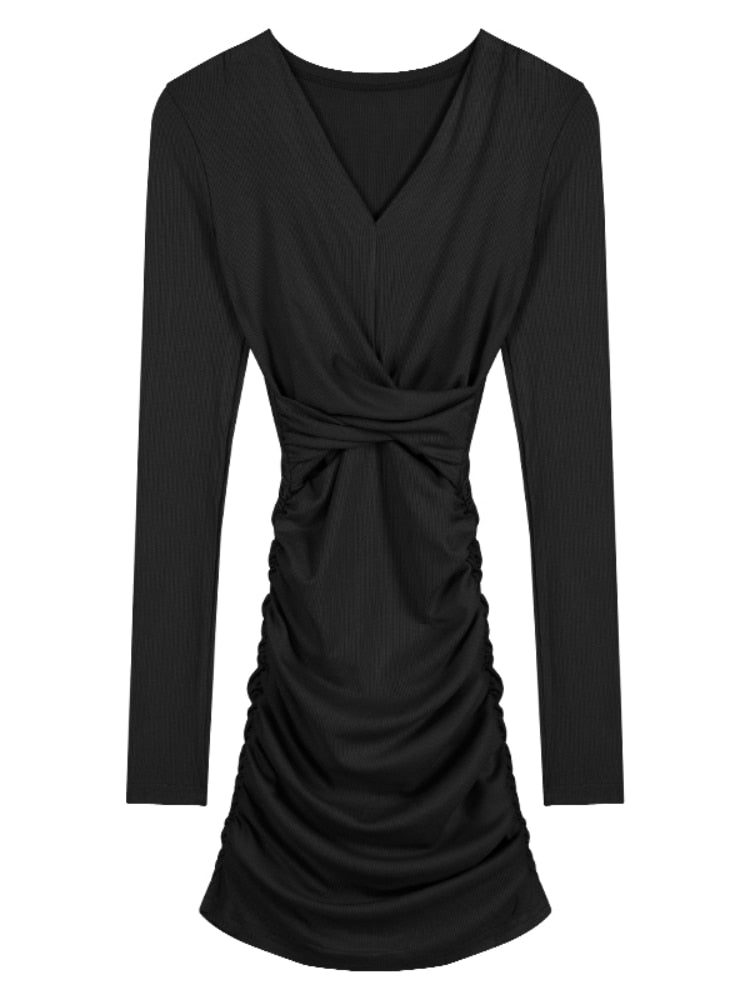 Aiertu  Winter Solid Sexy Dress Women Elegant Korean Fashion Bodycon Mini Dress Female Long Sleeve V-neck Chic Slim Party Dress New Aiertu