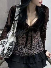 Aiertu - summer inspo Y2k Retro Leopard Lace Trim V-Neck Blouses Women Velvet Long Sleeve Chic T-Shirt Trendy Clothes Autumn New Aiertu