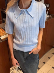 Aiertu  -  Knitted Hollow Out Solid T-shirt Women Buttons Turndown Collar Short Sleeve Tops T-shirts Summer Simple Casual Fashion Tee Shirt Aiertu