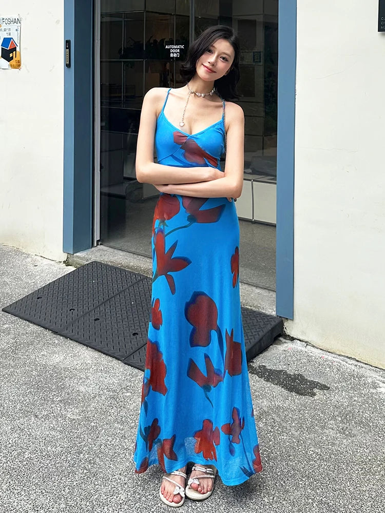 Aiertu  -  Print Maxi Dress Women Lace-Up Cross Backles Double Deck Skinny Tight Stretch Beach Vacation Summer Trend Vestidos Aiertu