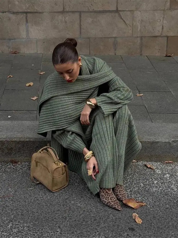 Aiertu  -  Elegant Burgundy Long Sleeve Sweater Pants Set Fashion Knitted Scarf Pullover Trousers Suits Autumn Winter Lady Warm Streetwear Aiertu