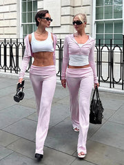 Aiertu  -   Autumn New Hooded Two Piece Sets Women Pant Suit Pink Long Sleeve Zipper Top Long Pant Female Casual Slim Pant Sets Aiertu