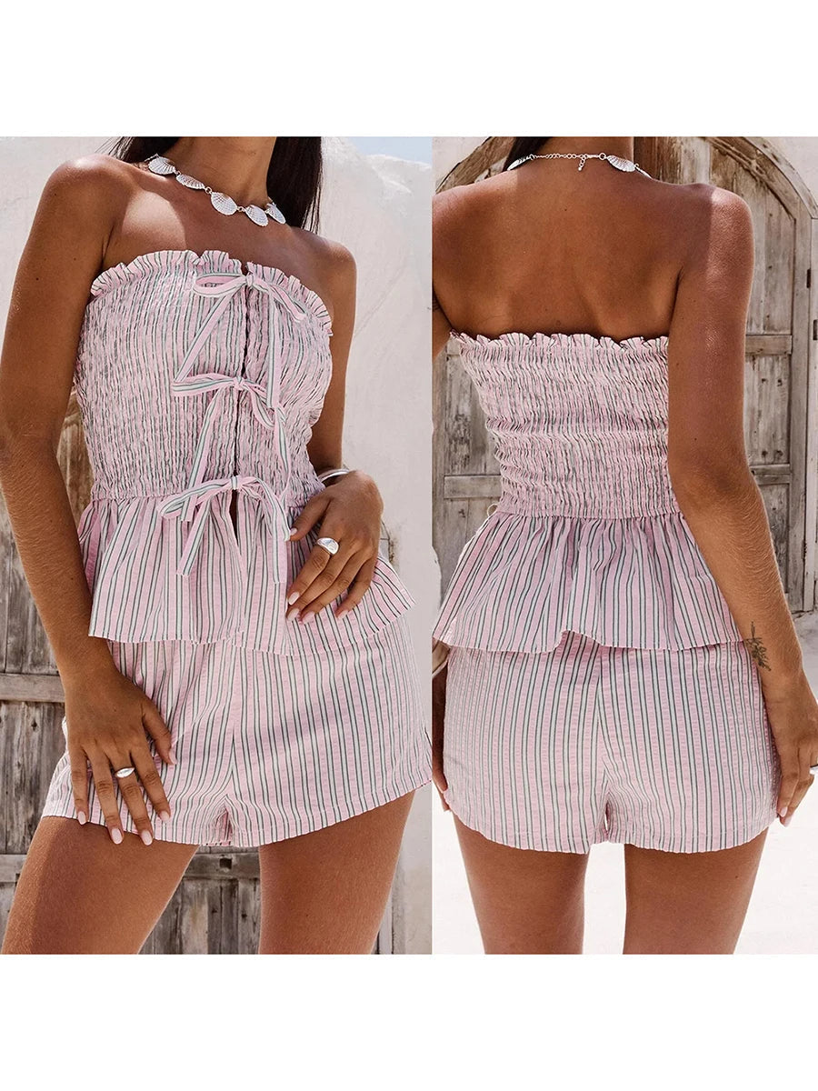 Aiertu  -  Women s 2-Piece Pajama Set with Striped Tie-Up Front Tube Top and Shorts - Comfortable Loungewear Sleepwear Outfit Aiertu