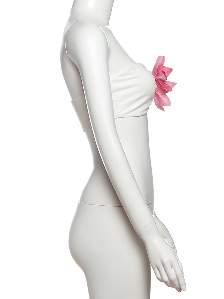Aiertu  -  Vacation Pretty Women Two-Piece Set 3d Flowers Bandeau Mini Top+See Through Print Bottoms Beach Party Matching Suits Aiertu