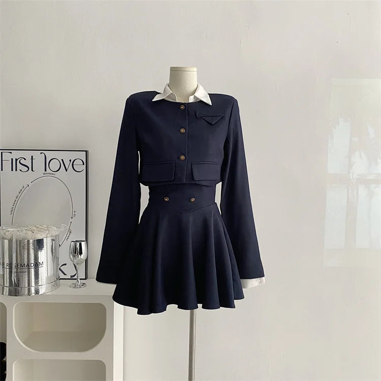 Aiertu 2025 spring fashion trend Korean Women Cropped Coat Long Sleeve Shirt High Waist Halter Ruffles Mini Dress Chic Fashion Sexy Outfits Y2K 3 Piece Set  New Aiertu