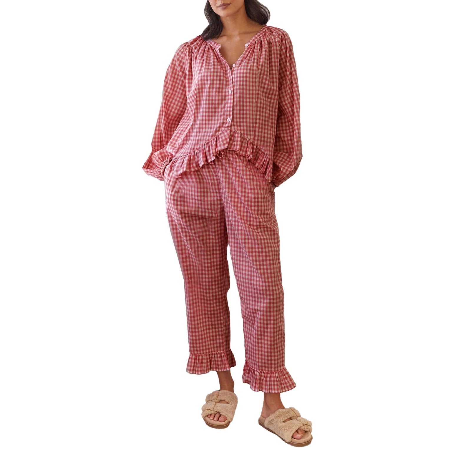 Aiertu  -   Women s Cozy Plaid Print Pajama Set with Long Lantern Sleeves and Elastic Waistband - Button Down Top and Lounge Pants for Fall Aiertu