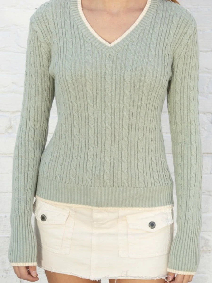 Aiertu  -  Classic Twisted Long Sleeve Sweater Women Contrast V Neck Knitted Pullover Tops Winter New American Vintage Preppy Style Jumper Aiertu