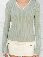 Aiertu  -  Classic Twisted Long Sleeve Sweater Women Contrast V Neck Knitted Pullover Tops Winter New American Vintage Preppy Style Jumper Aiertu
