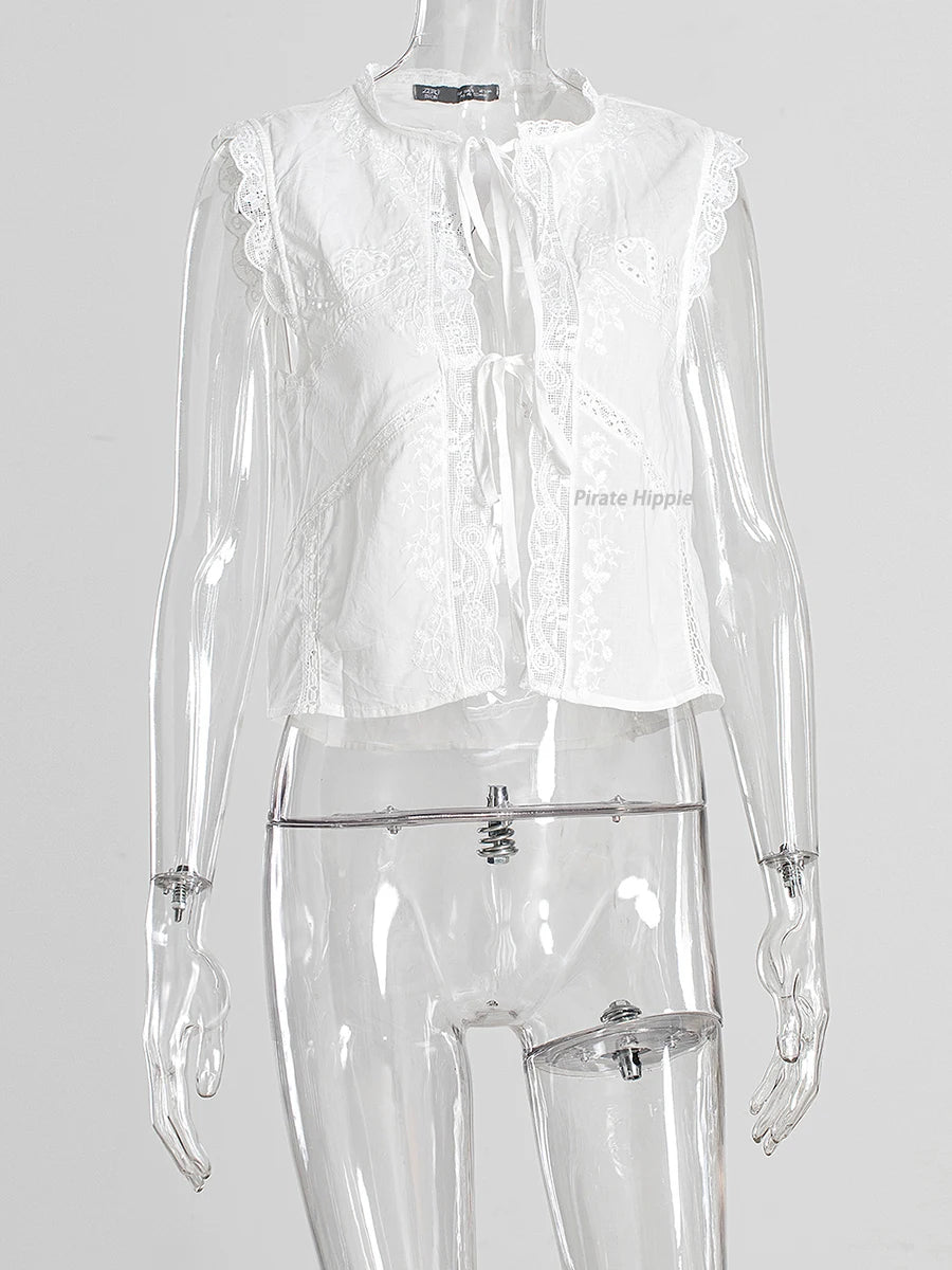 Aiertu     -  Fall Outfits 2026 White Lace Jacquere Tank Tops Women Summer New O Neck Sleeveless Lace-up Embroidered Camisole 2026 Elegant Fashion Cropped Tops Aiertu