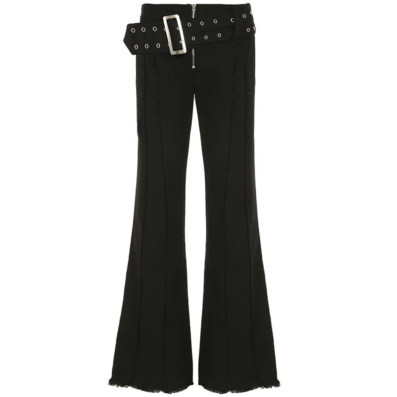 Aiertu  -  Gothic Style Wide Waistband Flare Jeans High Street Y2K Retro Fashion Denim Pants Black Casual Punk Boot Cut Trousers Aiertu