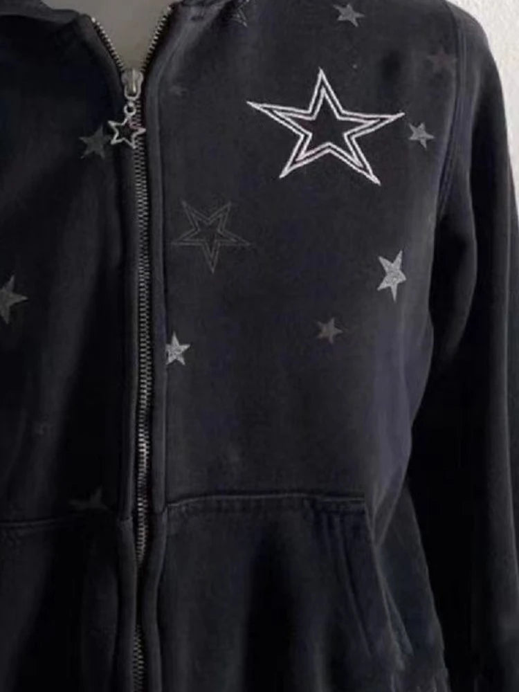 Aiertu  -  Harajuku Star Print Hoodies Women Casual Loose Hooded Sweatshirt Grunge Casual Y2k Aesthetic Vintage Streetwear Zip Up Hoodie Aiertu
