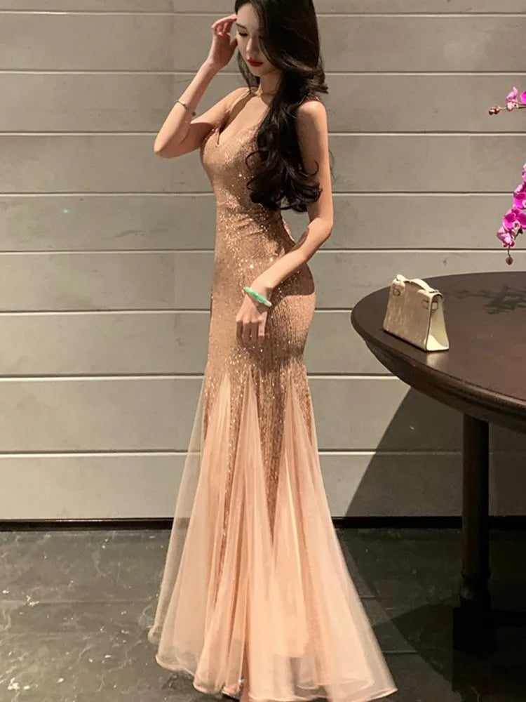 Aiertu  -  Sexy Sequin Womens Dresses Elegan Mesh Patchwork Wedding Evening Party Mermaid Dress Summer Spring Female Vestidos Long Robe New Aiertu