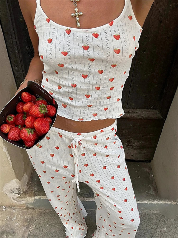 Aiertu  -  Strawberry Printed Tank Top Straight Leg Pants 2 Piece Set Women's Color Contrasting Pajama Leisure Suit Homewear Aiertu