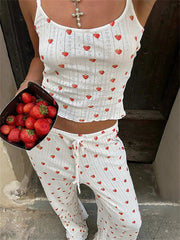 Aiertu  -  Strawberry Printed Tank Top Straight Leg Pants 2 Piece Set Women's Color Contrasting Pajama Leisure Suit Homewear Aiertu