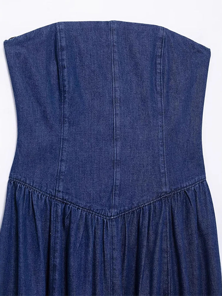 Aiertu  -  Strapless Denim Long Dress Sexy Backless Waist Cinched Cowboy Pleated Dresses Off Shoulder Street Trends Robes Women's Clothing Aiertu