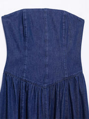 Aiertu  -  Strapless Denim Long Dress Sexy Backless Waist Cinched Cowboy Pleated Dresses Off Shoulder Street Trends Robes Women's Clothing Aiertu