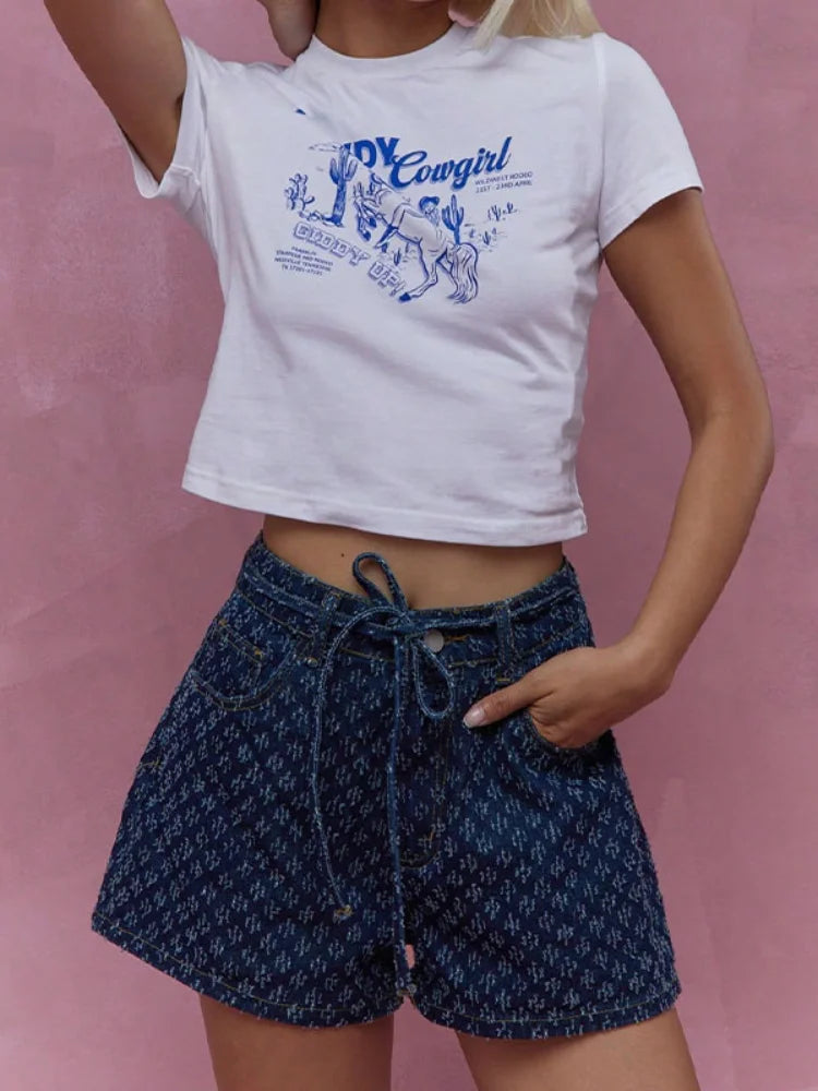 Aiertu  -  Women Casual Denim Short Retro Fashion Dark Color Lace-up Tow Pockets Mini Pants Summer Commuting Street Leisurewear Aiertu