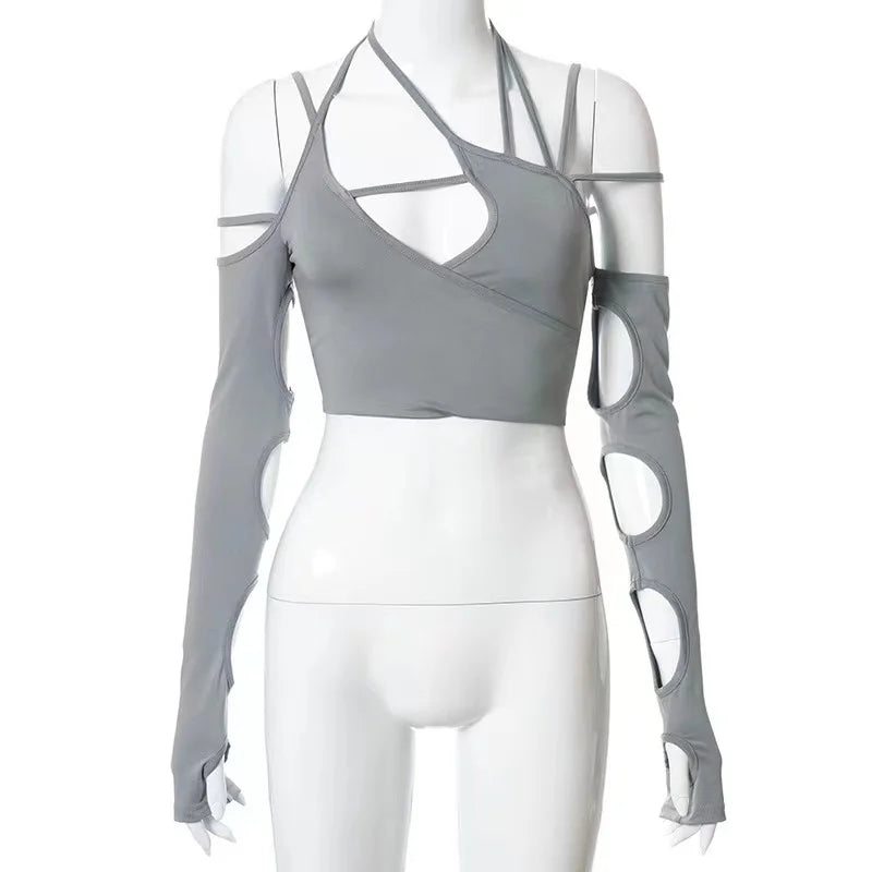 Aiertu  -  Hollow Out Crop Top for Girls, Off Shoulder Halter, Oversleeve Backless Patchwork, Summer Urban Leisure Streetwear, Y2K Aiertu