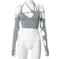 Aiertu  -  Hollow Out Crop Top for Girls, Off Shoulder Halter, Oversleeve Backless Patchwork, Summer Urban Leisure Streetwear, Y2K Aiertu