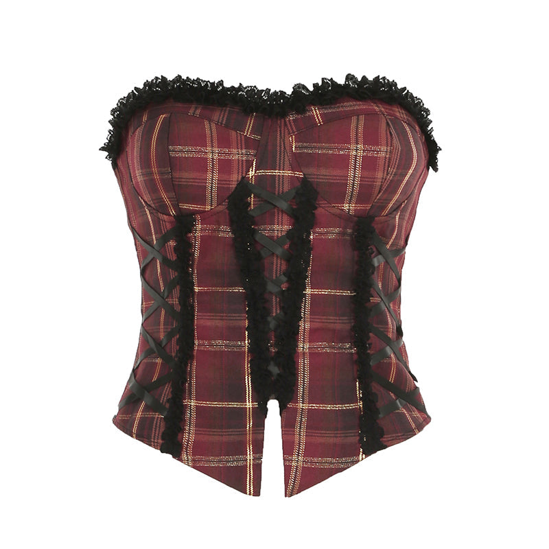 Aiertu - summer inspo Christmas Red Plaid Lace Trim Bandage Women’s Straps Tops Skinny Hotsweet Festive Atmosphere Blouses Fashion Trendy Aiertu