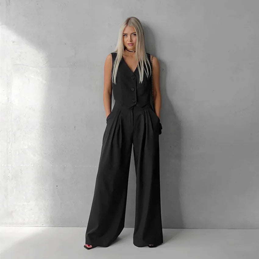 Aiertu  -  Summer 2026 Causal Fashion Pants Suits Solid Street Two Piece Pants Sets Casual Blazers Vest Pleated Pants Women Set Outfits Aiertu
