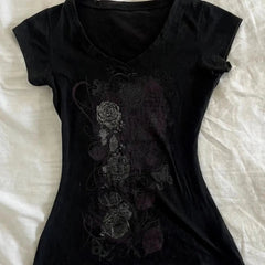 Aiertu  Summer All Match Luxury Flower Print V Neck Short Sleeve Shirt American Popular Vintage Tops Slim Waist Women Y2k Aesthetic Tee Aiertu