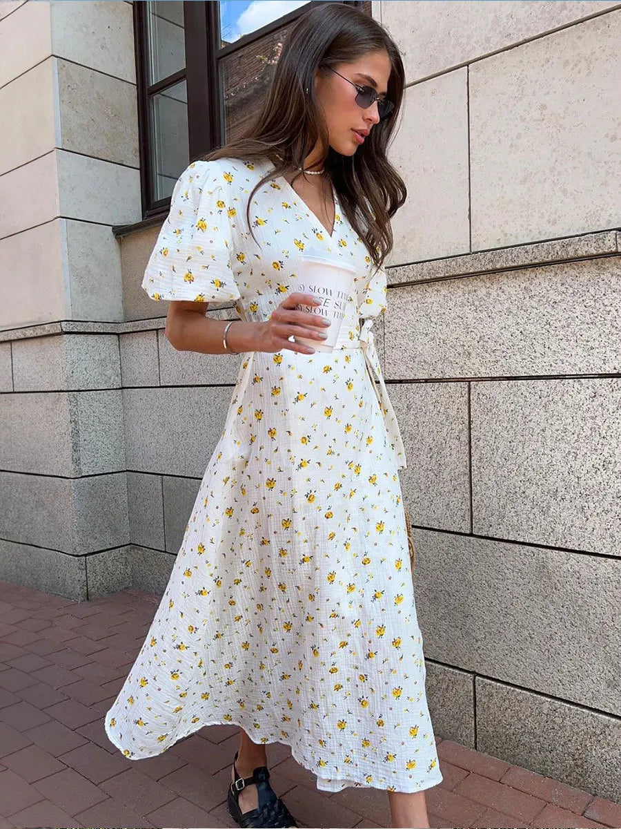 Aiertu  -  Women's V-neck Short Sleeve Floral Printed Cotton Dress Fashion Streetwear 2026 High Waist Bandage A-line Long Holiday Dresses Aiertu