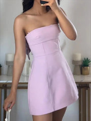 Aiertu  -  Pink Mini Tube Top Dress For Women Sexy Off Shoulder Slim Bow Backless Short Dresses Street Casual Party Fashion Dress Aiertu