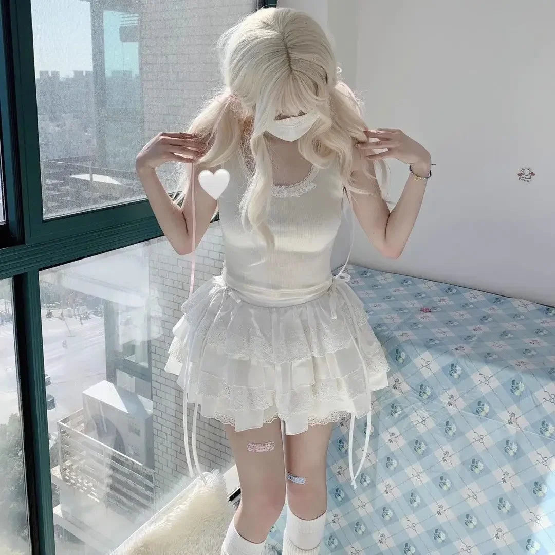 Aiertu New Kawaii Lace Mini Skirt for Women Girl Cute Lolita White A-line Pleated White Skirt Japanese Harajuku Fashion Clothing Aiertu