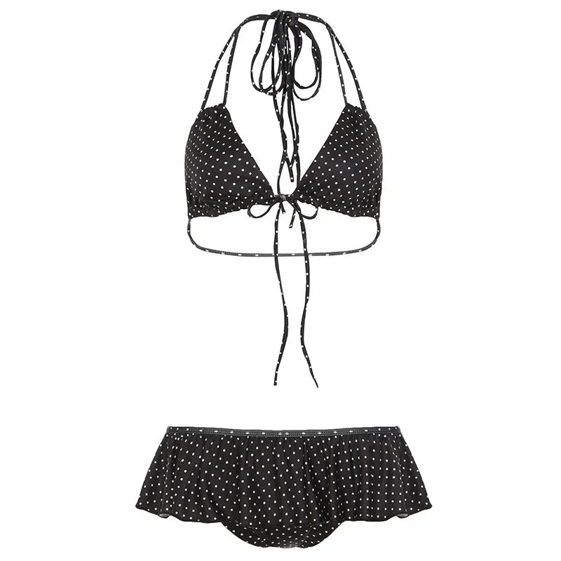 Aiertu  -  Summer Vacation Beach 2 Piece Set Women Sexy Polka Dots Print Lace Up Halter Bra + Ruffles Micro Mini Skirts Swimsuit Aiertu
