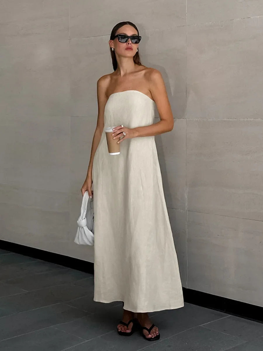 Aiertu  -  Summer New Cotton Linen Strapless Dress Women's Vacation Style Off Shoulder Dress Fashion Female Backless Long Skirt Aiertu