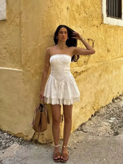 Aiertu  -  Lace Trim Patchwork White Dresses For Women New Strapless Sleeveless Tiered Mini Dress Summer Sweet Fashion Sexy A-line Vestidos Aiertu