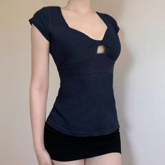 Aiertu  -  Chest Hollow Out Top Elegant Slim-fitting Short Sleeve T-shirt Summer Chic Basic Square Collar Tops Retro Streetwear Aiertu