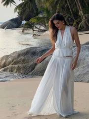 Aiertu  -  Fashion Pleated Long Skirts Set Women Sexy Sleeveless Backless Halter Tops High Waist Mermaid Skirt Vacation Beach 2 Pieces Sets Aiertu