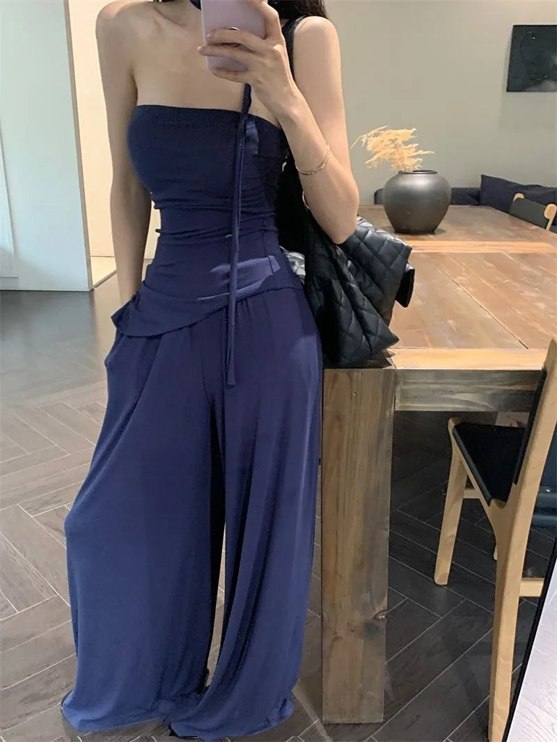 Aiertu  -  Sweet Hot Girl Pure Sexy Suit Women's Summer Irregular Slit Strapless Vest Wide Leg Pants Two-piece Set Fashion Female Clothes Aiertu